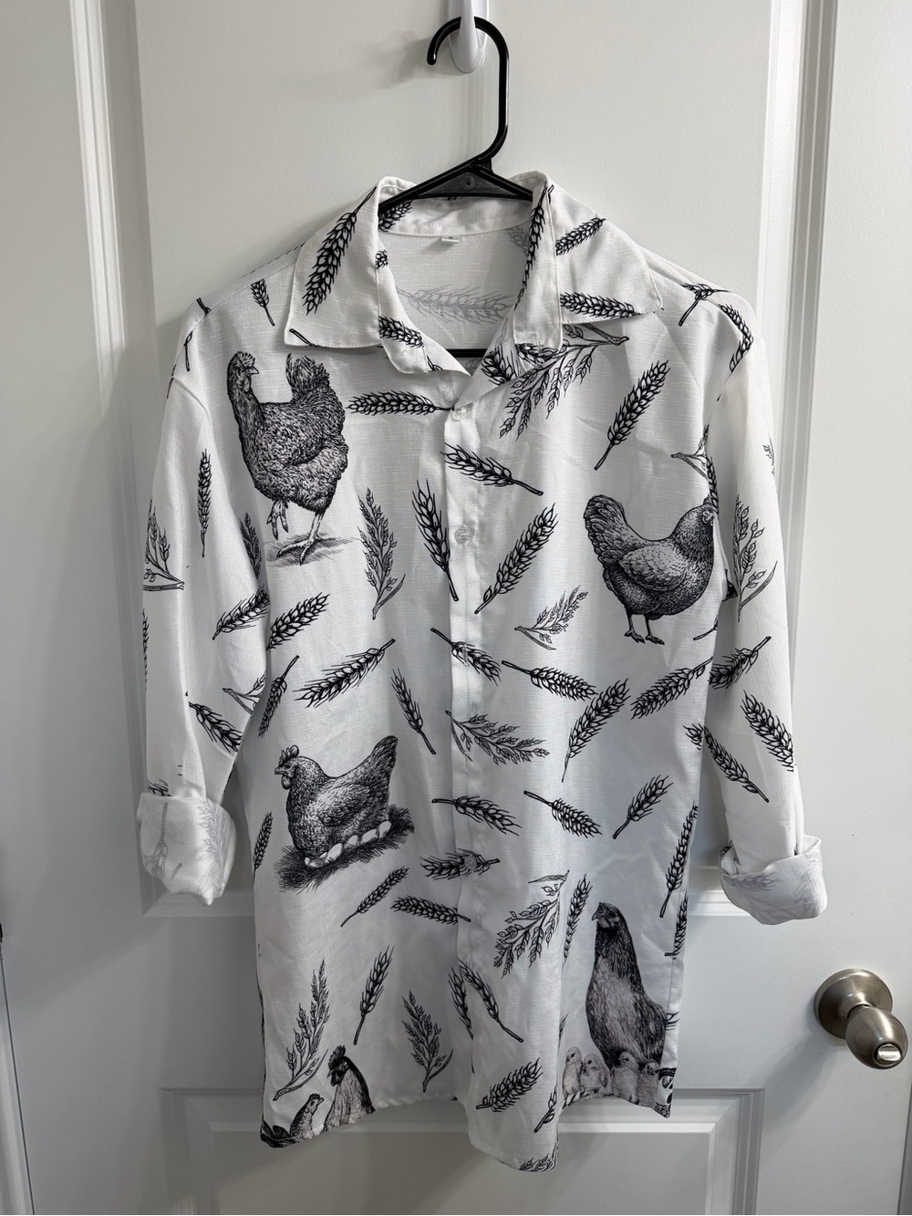 Women’s Black & White Button-Up Shirt with Chicken Print